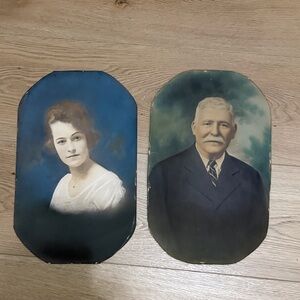 Vintage Hand-Painted Portrait Pair in Blue and Teal